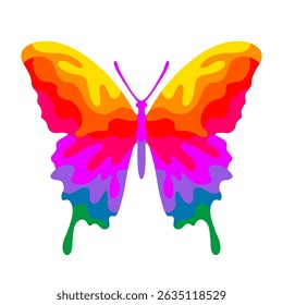 Colorful rainbow butterfly with dripping layered wings in bold abstract paper cut style, isolated on white background, vibrant vector illustration