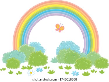 Farbiger Regenbogen und ein fröhlicher Schmetterling, der nach warmem Sommerregen über ein grünes Feld mit Blumen und Sträuchern flitzt, Vektorgrafik auf weißem Hintergrund