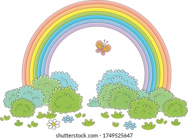 Farbiger Regenbogen und ein fröhlicher Schmetterling, der nach warmem Sommerregen über ein grünes Feld mit Blumen und Sträuchern flitzt, Vektorgrafik auf weißem Hintergrund