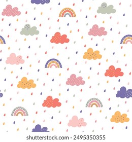 Colorful rainbow, cloud and raindrop cute hand drawn seamless vector pattern. Background for kids room decor, nursery art, packaging, wrapping paper, textile, print, fabric, wallpaper, gift, apparel.