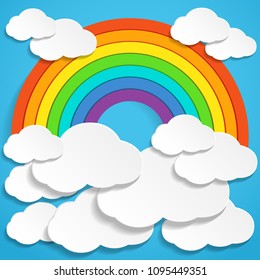 Colorful rainbow and clouds in blue sky illustration