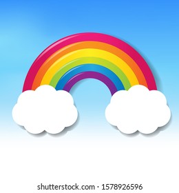 Colorful Rainbow With Clouds Blue Sky With Gradient Mesh, Vector Illustration