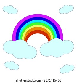 Arcoiris colorido con nubes en un estilo plano con un vector sobre un fondo blanco.