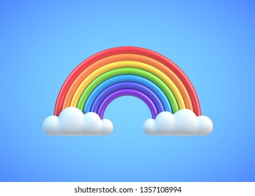 Colorful rainbow with clouds on blue sky background. Plasticine or clay design element