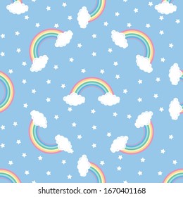 Colorful rainbow with clouds on blue background. Seamless pattern. Vector illustration.