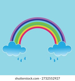 Colorful Rainbow and Clouds on Blue Sky Vector Illustration