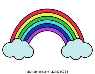 Colorful rainbow with clouds. Pop art icon. Vintage fashion contour cartoon design. Vector illustration.
