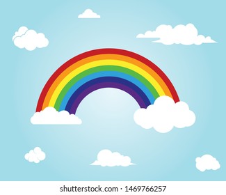 Colorful rainbow with clouds.  rainbows in different shape isolated. Vector flat illustration