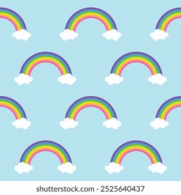 Colorful Rainbow With Clouds seamless pattern