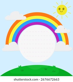 Colorful Rainbow with Clouds, Sun and Text Space