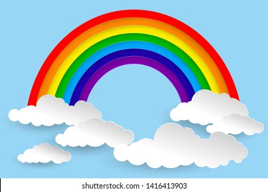 Colorful rainbow with clouds. Vector illustration paper cut style.