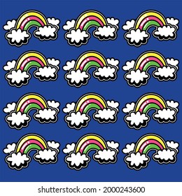 Arcoiris colorido con nubes, ilustración vectorial con arte pop