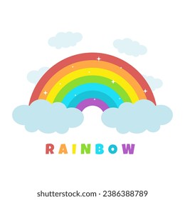 Arcoiris colorido con nubes. Ilustración vectorial.