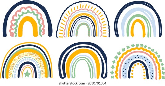 Colección de arcoíris coloridos. Conjunto de varios adorables iconos de arco vector dibujados a mano.