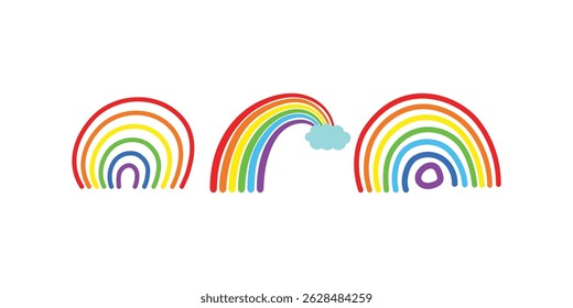 Colorful rainbow collection in flat style icon design. Trendy minimal rainbow clipart set, multicolored modern curved elements for weather, decor, kids theme vector