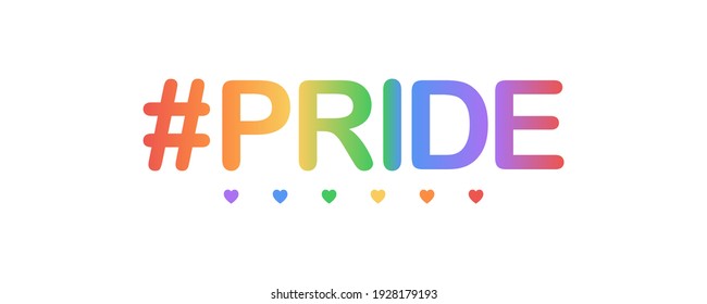 colorful rainbow colored word for pride month with hearts concept on white background