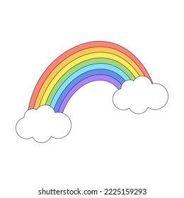 Colorful rainbow in curved shape and clouds with black outline. Design for stickers, cards, posters, t-shirts, invitations, baby shower, birthday, room decor.