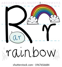 Colorful rainbow with cute clouds, learning the letter 'R' of the English alphabet and its pronunciation.