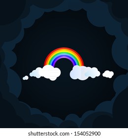Colorful rainbow with dark and light clouds.