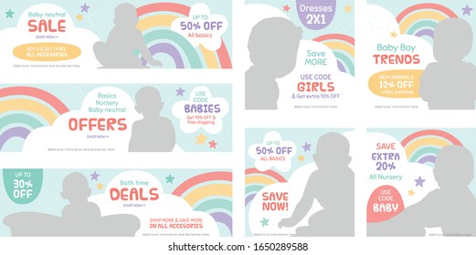 Colorful rainbow design set for kids/babies fashion sale promotion on social media, website and flyers. Flat graphic design template. Web template. Web banners. Flyer design.