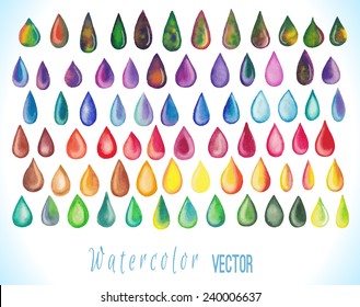 Colorful rainbow drops.  Set of abstract hand drawn watercolor drops isolated on white background.  Vector illustration