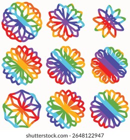 Mandala étnica do arco-íris colorido sobre fundo branco. Padrão decorativo circular. Orgulho arco-íris mandala flor. LGBT, LGBTQ, LGBTI. Ilustração vetorial. Oriental, místico, padrão alquímico. Flor.