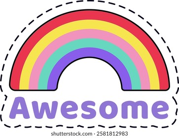 Colorful rainbow featuring a dashed line border and the word awesome below, radiating positivity and joy, ideal for children s designs, pride themes, and whimsical projects