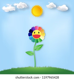 colorful of rainbow flower in the mornight under blue sky and clouds as nature , paper art and craft style concept. vector illustration.