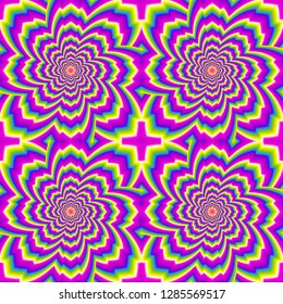 Colorful rainbow flowers. Motion illusion. Seamless pattern.