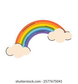 A colorful rainbow with fluffy white clouds on a white background. Simple and cute vector illustration.