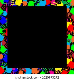 Colorful rainbow frame work with empty copy space for text or image and multicolored handprints border isolated on black background. Vector festive template, photo frame, mockup for invitation design.