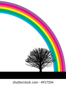 A colorful rainbow frames a bare tree