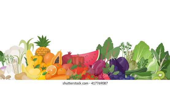 Colorful rainbow of fruit and vegetables on white background, healthy eating and nutrition concept