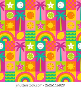 Arco-íris colorido, frutas, onda, sol, estrela-do-mar com design de padrão quadrado para fundo de férias de verão.