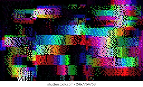 Bunte Regenbogen-Glitch gebrochen Screen-Effekt. Abstrakter Fehler beim Rauschen von Digitalpixeln. Visualisierung der Daten durch beschädigten Speicher. Vektorillustration des Textureffekts der Überlagerung.