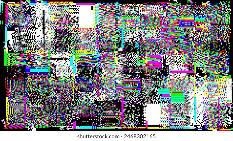 Bunte Regenbogen-Glitch gebrochen Screen-Effekt. Abstrakter Fehler beim Rauschen von Digitalpixeln. Computer beschädigt Speicher BSOD beschädigt Datenvisualisierung. Vektorillustration des Textureffekts der Überlagerung.