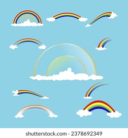 Colorful rainbow, golden rainbow with clouds. Collection of Rainbow vector illustrations
