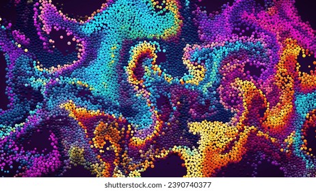 Los puntos de gradiente de arcoiris coloridos fluyen al azar y giran en flujo líquido. Movimiento caótico de pequeños círculos coloridos. Fondo de partículas dinámicas para banner, volante, afiche. Ilustración vectorial