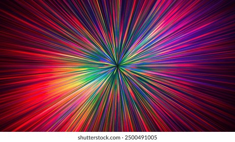 Colorful rainbow gradient glowing rays. Dynamic flowing vibrant radiant beams. Cosmic hyperspace jump at speed of light. Time warp. Teleport. Interstellar travel. Big bang. Future technology. Vector