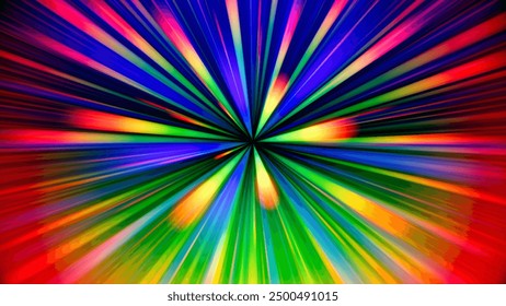 Colorful rainbow gradient glowing rays. Dynamic flowing vibrant radiant beams. Cosmic hyperspace jump at speed of light. Time warp. Teleport. Interstellar travel. Big bang. Future technology. Vector