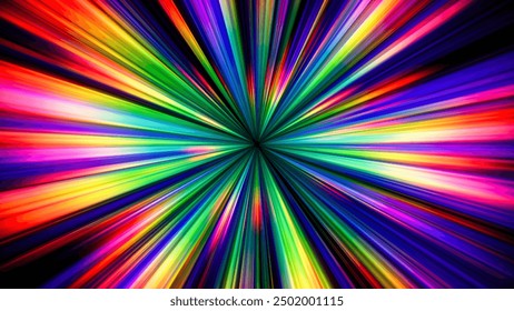 Colorful rainbow gradient glowing rays. Dynamic flowing vibrant radiant beams. Cosmic hyperspace jump at speed of light. Time warp. Teleport. Interstellar travel. Big bang. Future technology. Vector