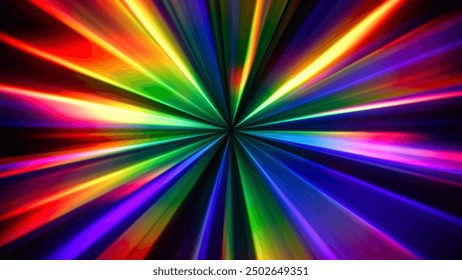 Colorido gradiente de arco iris rayos brillantes. Vigas radiantes vibrantes que fluyen dinámicamente. El hiperespacio cósmico salta a la velocidad de la luz. Salto de tiempo. Teletransporte. Viajes interestelares. Big Bang. Tecnología del futuro. Vector