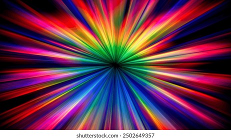 Colorful rainbow gradient glowing rays. Dynamic flowing vibrant radiant beams. Cosmic hyperspace jump at speed of light. Time warp. Teleport. Interstellar travel. Big bang. Future technology. Vector