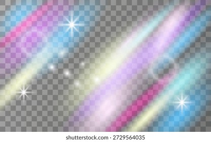 Un efecto de luz degradada de arcoíris colorido con reflejos vibrantes. Un fondo brillante con un efecto bokeh para superponer diseños y crear ilustraciones mágicas. Vector.