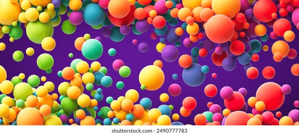 Colorful rainbow gradient matte soft balls in different sizes. Many abstract bright multicolored flying balloons or spheres for kids zone, children's playroom or party decoration. Vector illustration