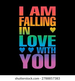 Colorful rainbow gradient typography design featuring the romantic quote I am falling in love with you on a black background. Perfect for valentines day t-shirt print and greeting cards