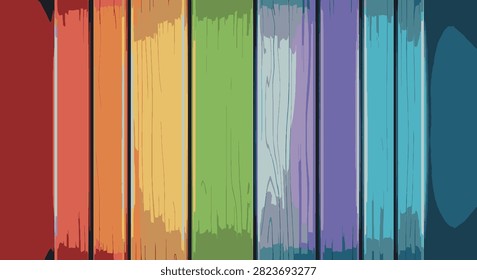 Colorful rainbow gradient vertical wooden planks featuring neon glow lighting effects, polished wood grain texture, and vibrant multi-colored spectrum background design.