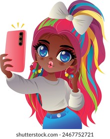 colorful rainbow hair girl take selfie cartoon characters vector illustration eps 10