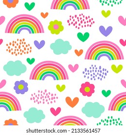 Colorful rainbow, heart and flower seamless pattern background.