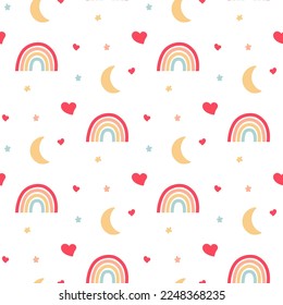 colorful rainbow, hearts, flowers and moon. romantic pattern design for paper or textile